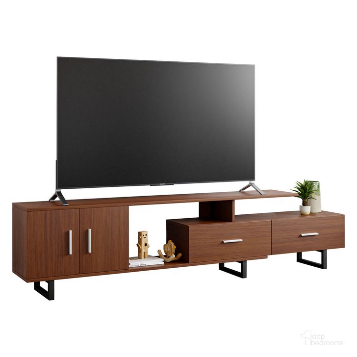 The appearance of Avery TV Stand with MDF Cabinet and Powder Coated Steel Legs In Walnut designed by LeisureMod in the transitional interior design. This walnut piece of furniture  was selected by 1StopBedrooms from Avery Collection to add a touch of cosiness and style into your home. Sku: ATS69NW. Product Type: TV Stand. Material: MDF. Image1