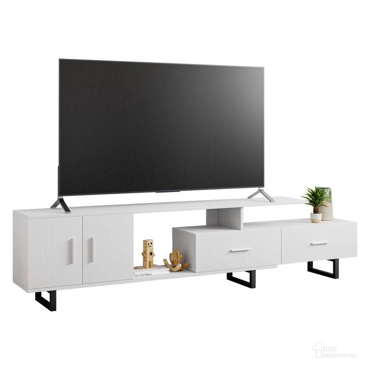 The appearance of Avery TV Stand with MDF Cabinet and Powder Coated Steel Legs In White designed by LeisureMod in the transitional interior design. This white piece of furniture  was selected by 1StopBedrooms from Avery Collection to add a touch of cosiness and style into your home. Sku: ATS69W. Product Type: TV Stand. Material: MDF. Image1