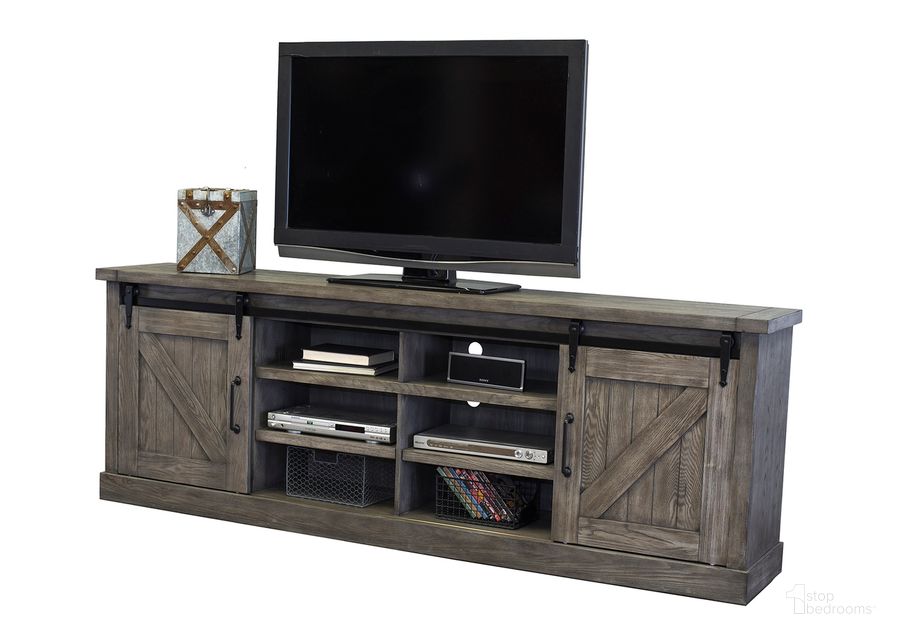 The appearance of Avondale 86 Inch Barn Door Entertainment Stand TV Console In Weathered Gray designed by Martin Furniture in the country / farmhouse interior design. This weathered gray piece of furniture  was selected by 1StopBedrooms from Avondale Collection to add a touch of cosiness and style into your home. Sku: AE380G. Material: Wood. Product Type: TV Console. Image1