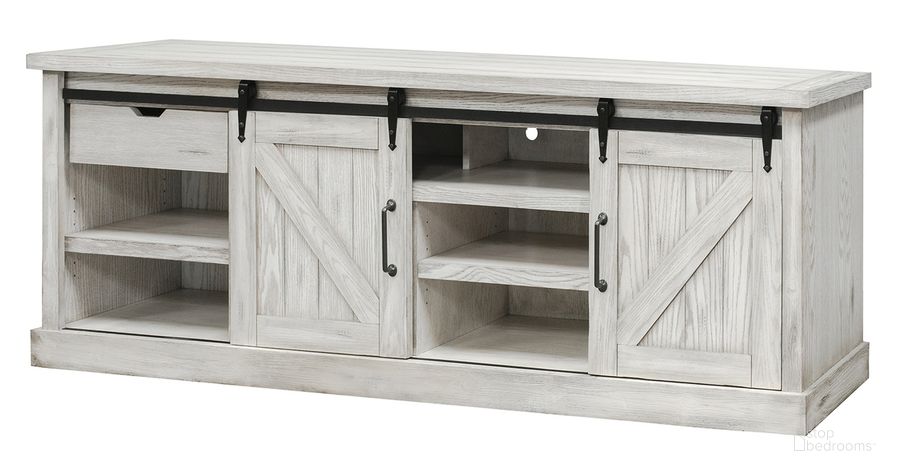 The appearance of Avondale 86 Inch Barn Door Entertainment Stand TV Console In White designed by Martin Furniture in the country / farmhouse interior design. This white piece of furniture  was selected by 1StopBedrooms from Avondale Collection to add a touch of cosiness and style into your home. Sku: AE380W. Material: Wood. Product Type: TV Console. Image1