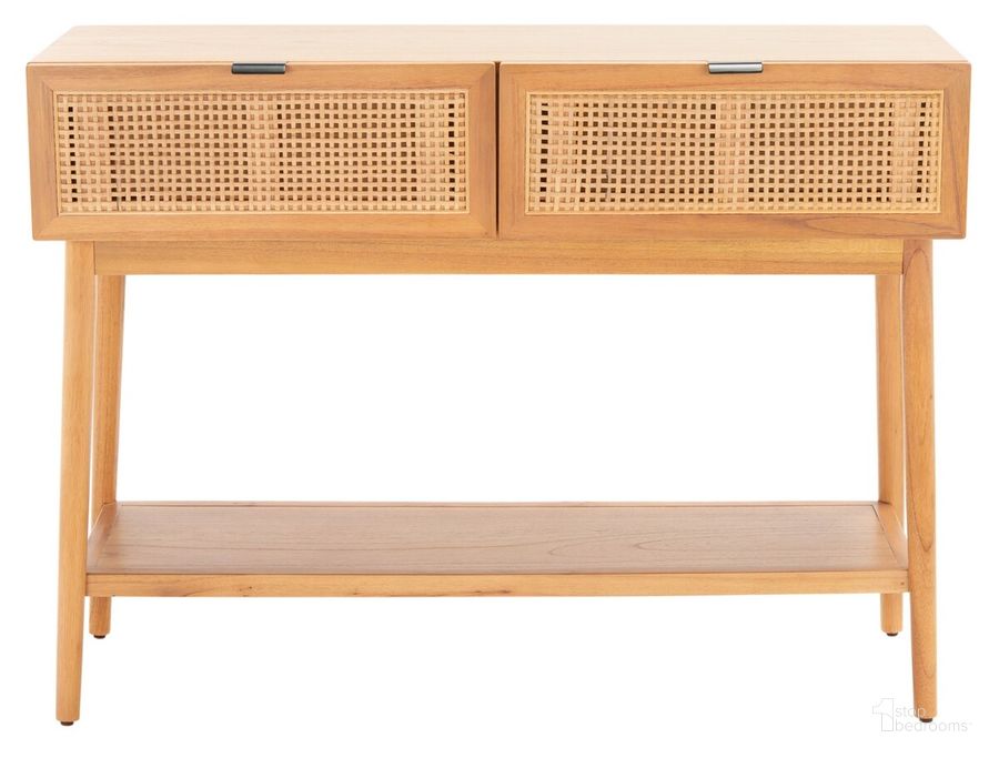 The appearance of Baisley 2 Drawer Rattan Console Table in Natural designed by Safavieh in the modern / contemporary interior design. This natural piece of furniture  was selected by 1StopBedrooms from Baisley Collection to add a touch of cosiness and style into your home. Sku: CNS5000A. Material: Wood. Product Type: Console Table. Image1
