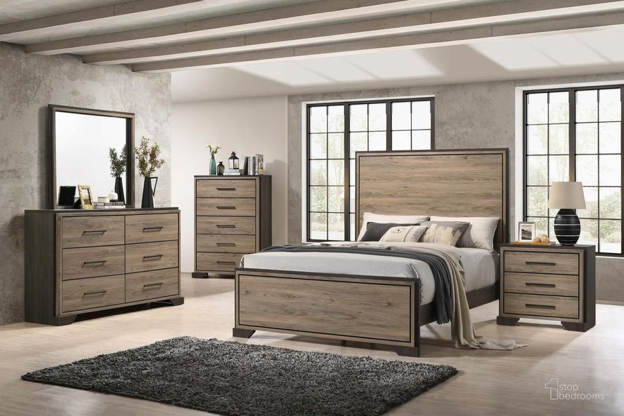 The appearance of Baker Brown And Light Taupe Panel Bedroom Set designed by Coaster in the rustic / southwestern interior design. This brown piece of furniture  was selected by 1StopBedrooms from Baker Collection to add a touch of cosiness and style into your home. Sku: 224461QB1;224461QB2;224462. Product Type: Bedroom Set. Bed Size: Queen. Material: Laminate. Image1