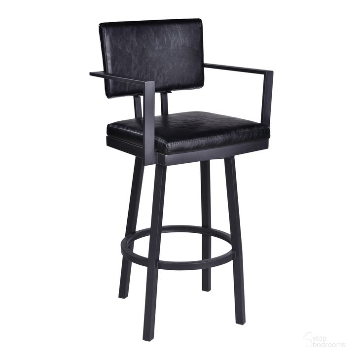 The appearance of Balboa 26 Inch Counter Height Swivel Vintage Black Faux Leather and Metal Bar Stool with Arms designed by Armen Living in the modern / contemporary interior design. This vintage black piece of furniture  was selected by 1StopBedrooms from Balboa Collection to add a touch of cosiness and style into your home. Sku: LCBBARBABLVB26. Product Type: Barstool. Material: Iron. Image1