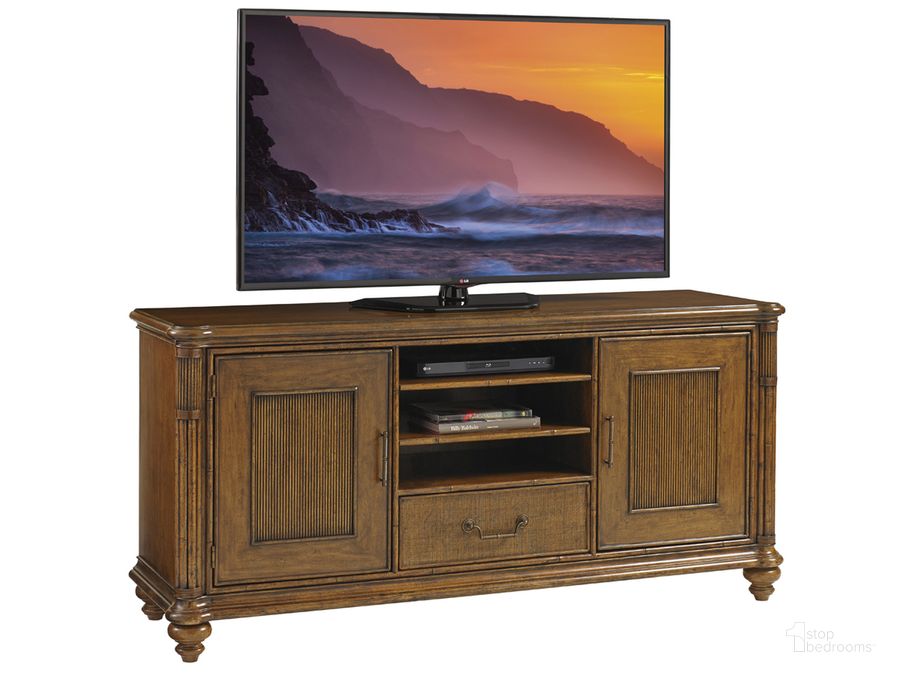 The appearance of Bali Hai Pelican Cay Media Console designed by Tommy Bahama in the transitional interior design. This brown piece of furniture  was selected by 1StopBedrooms from Bali Hai Collection to add a touch of cosiness and style into your home. Sku: 01-0593-908. Product Type: Media Console. Material: Rattan. Image1