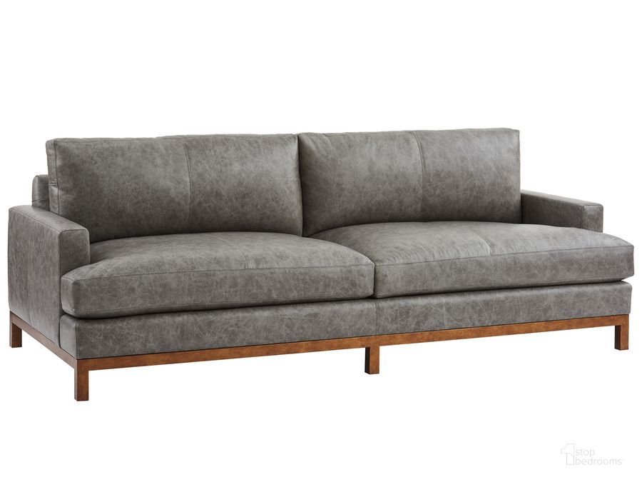 The appearance of Barclay Butera Horizon Leather Sofa In Calias Brass designed by Barclay Butera in the transitional interior design. This charcoal gray piece of furniture  was selected by 1StopBedrooms from Barclay Butera Collection to add a touch of cosiness and style into your home. Sku: 01-5178-33CB-LL-40. Material: Wood. Product Type: Sofa. Image1