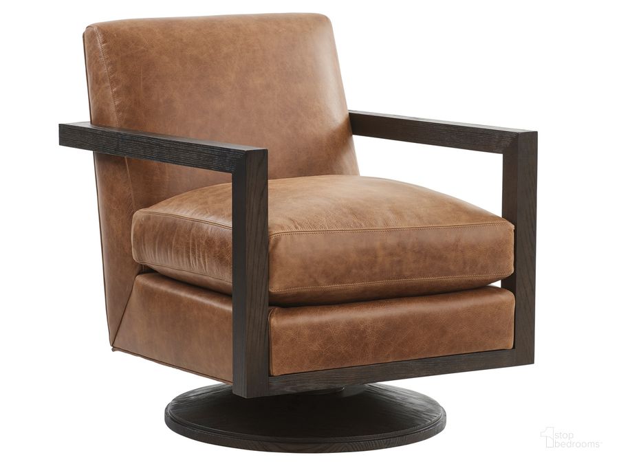 The appearance of Barclay Butera Willa Leather Swivel Chair designed by Barclay Butera in the transitional interior design. This brown piece of furniture  was selected by 1StopBedrooms from Barclay Butera Collection to add a touch of cosiness and style into your home. Sku: 01-5331-11SW-LL-41. Material: Leather. Product Type: Accent Chair. Image1