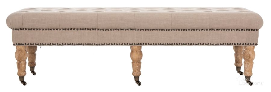 The appearance of Barney True Taupe and Pickled Oak Tufted Bench designed by Safavieh in the transitional interior design. This taupe piece of furniture  was selected by 1StopBedrooms from Barney Collection to add a touch of cosiness and style into your home. Sku: MCR4649C. Product Type: Bench. Material: Stainless Steel. Image1