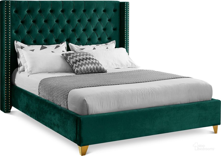 The appearance of Barolo Velvet King Bed In Green designed by Meridian in the modern / contemporary interior design. This green velvet piece of furniture  was selected by 1StopBedrooms from Barolo Collection to add a touch of cosiness and style into your home. Sku: BaroloGreen-K-1;BaroloGreen-K-2. Bed Type: Platform Bed. Material: Wood. Product Type: Platform Bed. Bed Size: King. Image1