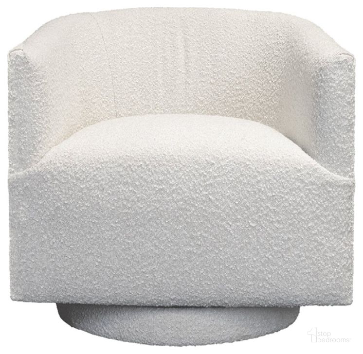 The appearance of Barrel Boucle Swivel Accent Chair In White designed by Primitive Collections in the modern / contemporary interior design. This white piece of furniture  was selected by 1StopBedrooms from  to add a touch of cosiness and style into your home. Sku: PC94410. Material: Fabric. Product Type: Accent Chair. Image1