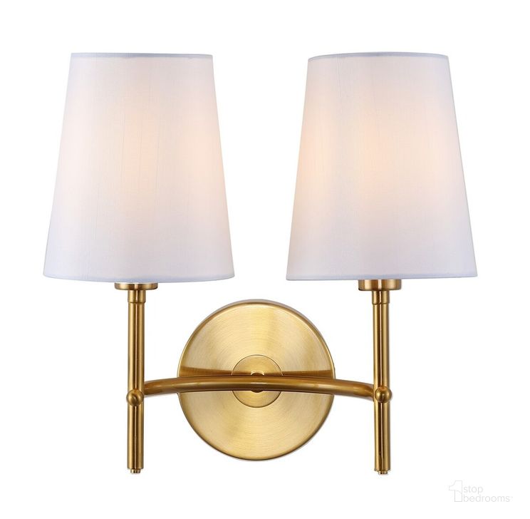 The appearance of Barrett Brass Gold Two Light Wall Sconce designed by Safavieh in the modern / contemporary interior design. This gold piece of furniture  was selected by 1StopBedrooms from Safavieh SCN Collection to add a touch of cosiness and style into your home. Sku: SCN4033B. Product Type: Wall Sconce. Material: Brass. Image1