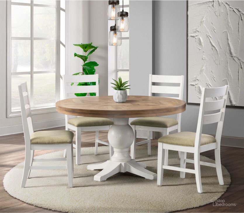 The appearance of Barrett Natural And White Round Dining Room Set designed by Picket House in the transitional interior design. This white beige piece of furniture  was selected by 1StopBedrooms from Barrett Collection to add a touch of cosiness and style into your home. Sku: DPK100RDDT;DPK100RDDB;DPK100SC. Material: Wood. Product Type: Dining Room Set. Size: 54". Image1