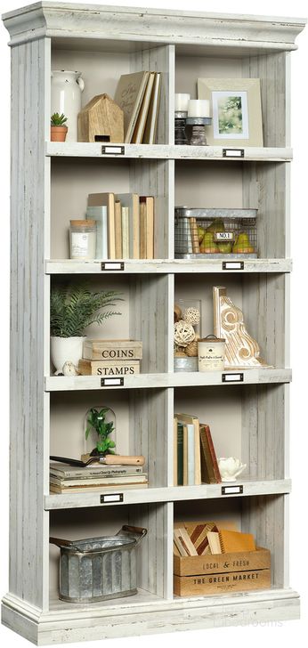 The appearance of Barrister Lane Tall Bookcase In White Plank designed by Sauder in the country / farmhouse interior design. This white plank piece of furniture  was selected by 1StopBedrooms from Barrister Lane Collection to add a touch of cosiness and style into your home. Sku: 423671. Product Type: Bookcase. Material: Engineered Wood. Image1