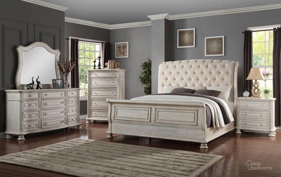 The appearance of Barton Creek Off White Upholstered Sleigh Bedroom Set designed by Avalon Furniture in the transitional interior design. This white piece of furniture  was selected by 1StopBedrooms from Barton Creek Collection to add a touch of cosiness and style into your home. Sku: B01511 5UH;B01511 5F;B01511 56R;B01511 N. Product Type: Bedroom Set. Bed Size: Queen. Material: Poplar. Image1