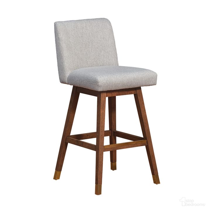 The appearance of Basila Swivel Bar Stool In Brown Oak Wood Finish with Taupe Fabric designed by Armen Living in the modern / contemporary interior design. This taupe piece of furniture  was selected by 1StopBedrooms from Basila Collection to add a touch of cosiness and style into your home. Sku: 840254332201. Material: Wood. Product Type: Barstool. Image1
