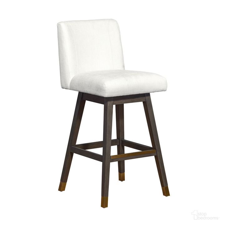 The appearance of Basila Swivel Bar Stool In Gray Oak Wood Finish with Pearl Fabric designed by Armen Living in the modern / contemporary interior design. This pearl piece of furniture  was selected by 1StopBedrooms from Basila Collection to add a touch of cosiness and style into your home. Sku: 840254332225. Material: Wood. Product Type: Barstool. Image1