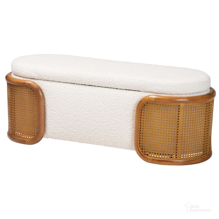 The appearance of Basira Boucle Fabric Storage Bench with Woven Rattan In Brown and Cream designed by Baxton Studio in the  interior design. This brown and cream piece of furniture  was selected by 1StopBedrooms from Basira Collection to add a touch of cosiness and style into your home. Sku: BBT5489-Maya Cream-Bench. Product Type: Storage Bench. Material: Plywood. Image1