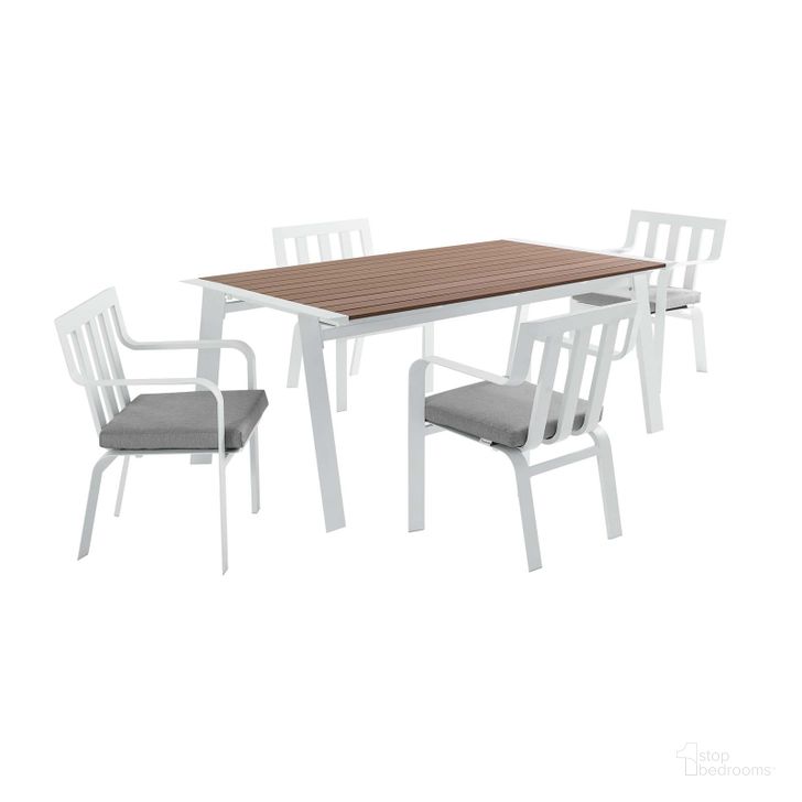 The appearance of Baxley White and Gray 5 Piece Outdoor Patio Aluminum Dining Set designed by Modway in the modern / contemporary interior design. This white and gray piece of furniture  was selected by 1StopBedrooms from Baxley Collection to add a touch of cosiness and style into your home. Sku: EEI-3964-WHI-GRY. Table Base Style: Legs. Material: Aluminum. Table Top Shape: Rectangular. Product Type: Outdoor Dining Set. Image1