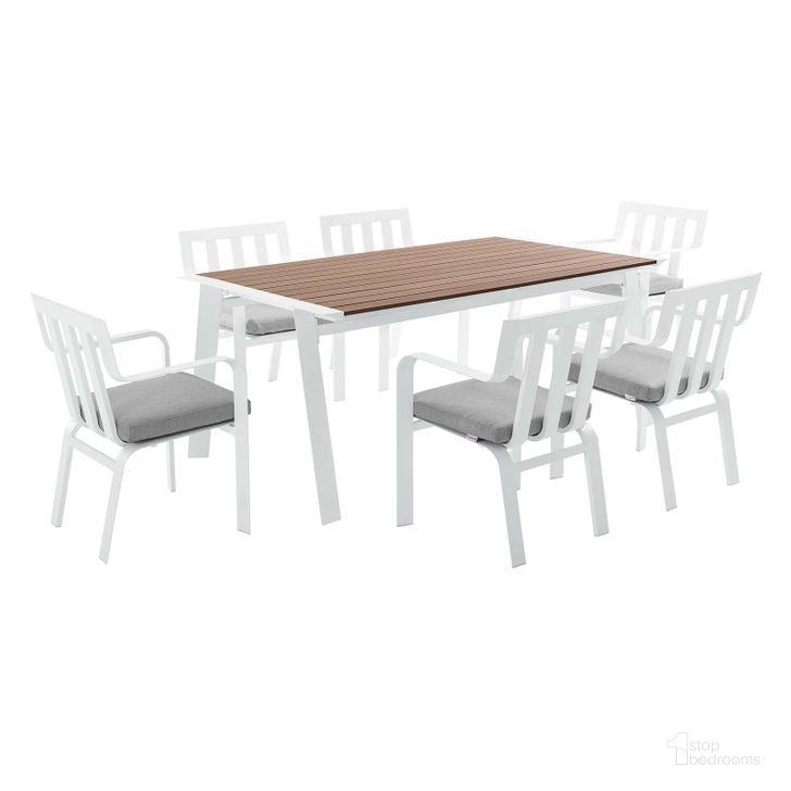 The appearance of Baxley White and Gray 7 Piece Outdoor Patio Aluminum Dining Set designed by Modway in the modern / contemporary interior design. This white and gray piece of furniture  was selected by 1StopBedrooms from Baxley Collection to add a touch of cosiness and style into your home. Sku: EEI-3965-WHI-GRY. Table Base Style: Legs. Material: Aluminum. Table Top Shape: Rectangular. Product Type: Outdoor Dining Set. Image1