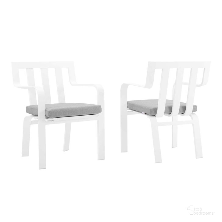 The appearance of Baxley White and Gray Outdoor Patio Aluminum Arm Chair Set of 2 designed by Modway in the modern / contemporary interior design. This white and gray piece of furniture  was selected by 1StopBedrooms from Baxley Collection to add a touch of cosiness and style into your home. Sku: EEI-3961-WHI-GRY. Material: Aluminium. Product Type: Outdoor Dining Chair. Image1