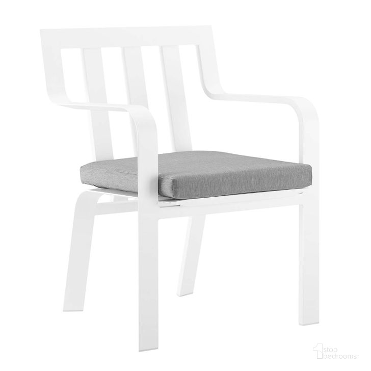 The appearance of Baxley White and Gray Stackable Outdoor Patio Aluminum Dining Arm Chair designed by Modway in the modern / contemporary interior design. This white and gray piece of furniture  was selected by 1StopBedrooms from Baxley Collection to add a touch of cosiness and style into your home. Sku: EEI-3571-WHI-GRY. Material: Aluminium. Product Type: Outdoor Dining Chair. Image1