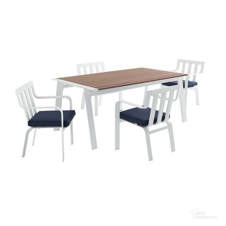 The appearance of Baxley White Navy 5 Piece Outdoor Patio Aluminum Dining Set designed by Modway in the modern / contemporary interior design. This white navy piece of furniture  was selected by 1StopBedrooms from Baxley Collection to add a touch of cosiness and style into your home. Sku: EEI-3964-WHI-NAV. Table Base Style: Legs. Material: Aluminum. Table Top Shape: Rectangular. Product Type: Outdoor Dining Set. Image1