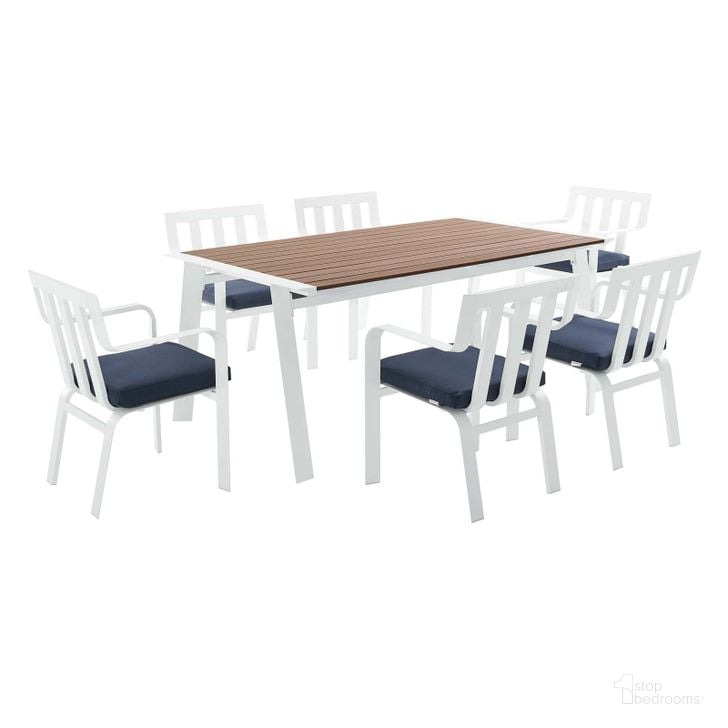 The appearance of Baxley White Navy 7 Piece Outdoor Patio Aluminum Dining Set designed by Modway in the modern / contemporary interior design. This white navy piece of furniture  was selected by 1StopBedrooms from Baxley Collection to add a touch of cosiness and style into your home. Sku: EEI-3965-WHI-NAV. Table Base Style: Legs. Material: Aluminum. Table Top Shape: Rectangular. Product Type: Outdoor Dining Set. Image1