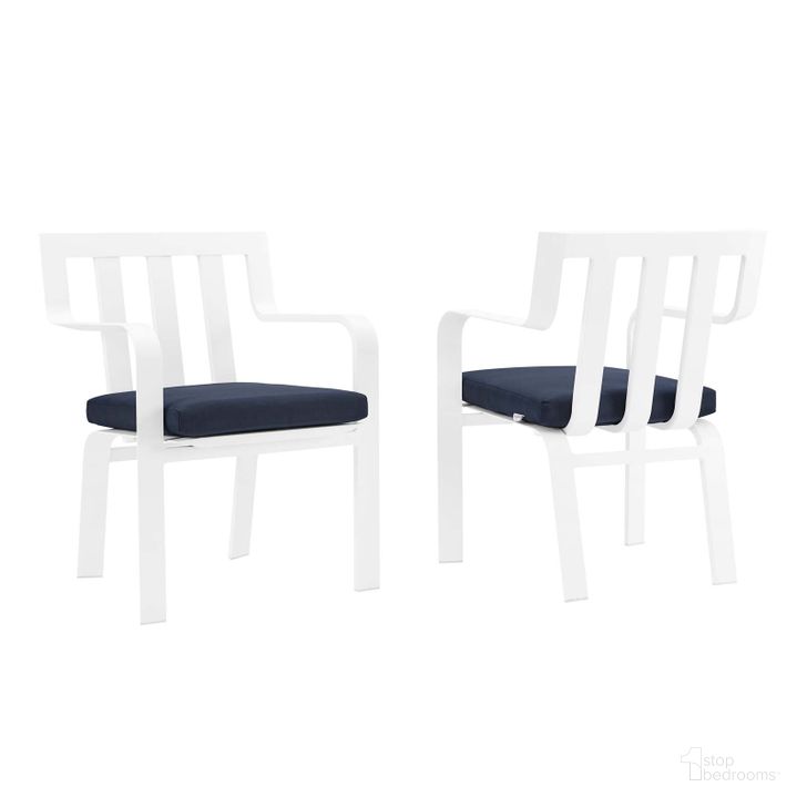 The appearance of Baxley White Navy Outdoor Patio Aluminum Arm Chair Set of 2 designed by Modway in the modern / contemporary interior design. This white navy piece of furniture  was selected by 1StopBedrooms from Baxley Collection to add a touch of cosiness and style into your home. Sku: EEI-3961-WHI-NAV. Material: Aluminium. Product Type: Outdoor Dining Chair. Image1