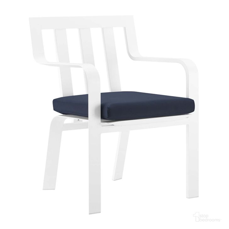 The appearance of Baxley White Navy Stackable Outdoor Patio Aluminum Dining Arm Chair designed by Modway in the modern / contemporary interior design. This white navy piece of furniture  was selected by 1StopBedrooms from Baxley Collection to add a touch of cosiness and style into your home. Sku: EEI-3571-WHI-NAV. Material: Aluminium. Product Type: Outdoor Dining Chair. Image1