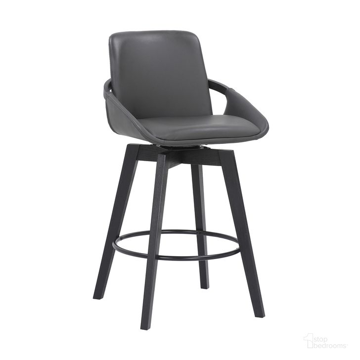 The appearance of Baylor 26 Inch Gray Faux Leather and Black Wood Swivel Bar Stool designed by Armen Living in the transitional interior design. This gray and black piece of furniture  was selected by 1StopBedrooms from Baylor Collection to add a touch of cosiness and style into your home. Sku: LCBABABLGR26. Product Type: Barstool. Material: Iron. Image1