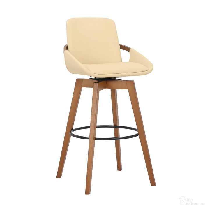The appearance of Baylor 30 Inch Cream Faux Leather and Walnut Wood Swivel Bar Stool designed by Armen Living in the transitional interior design. This cream piece of furniture  was selected by 1StopBedrooms from Baylor Collection to add a touch of cosiness and style into your home. Sku: LCBABAWACR30. Product Type: Barstool. Material: Iron. Image1
