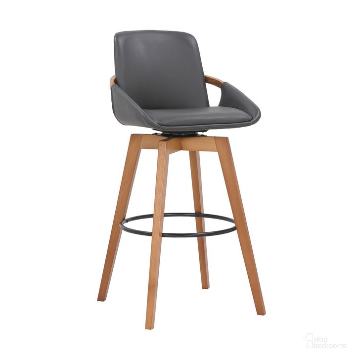 The appearance of Baylor 30 Inch Gray Faux Leather and Walnut Wood Swivel Bar Stool designed by Armen Living in the transitional interior design. This gray piece of furniture  was selected by 1StopBedrooms from Baylor Collection to add a touch of cosiness and style into your home. Sku: LCBABAWAGR30. Product Type: Barstool. Material: Iron. Image1