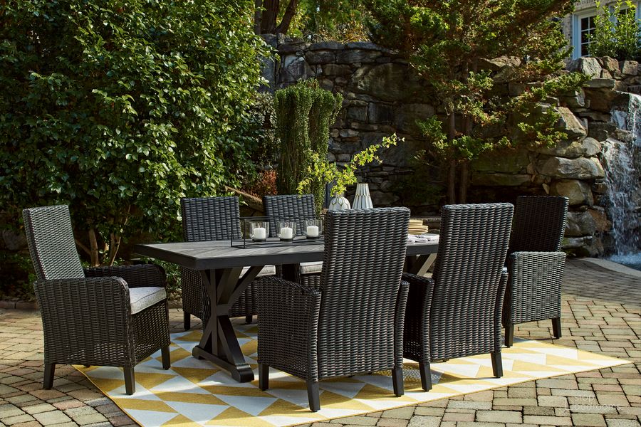 The appearance of Beachcroft Outdoor Dining Room Set In Black and Grey designed by Signature Design by Ashley in the transitional interior design. This black and grey piece of furniture  was selected by 1StopBedrooms from Beachcroft Collection to add a touch of cosiness and style into your home. Sku: P792-625;P792-601;P792-601. Material: Marble. Product Type: Outdoor Dining Set. Image1