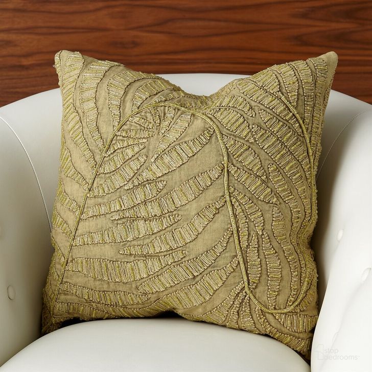 The appearance of Beaded Palm Leaf Pillow In Khaki designed by Global Views in the modern / contemporary interior design. This green piece of furniture  was selected by 1StopBedrooms from Beaded Collection to add a touch of cosiness and style into your home. Sku: 7.91593. Product Type: Pillow. Image1