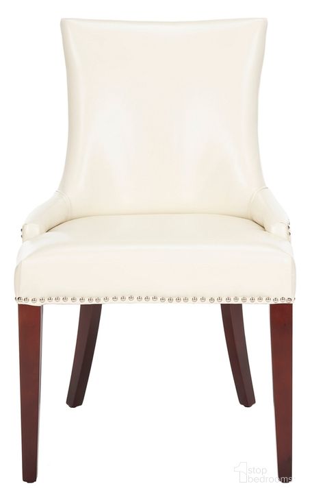 The appearance of Becca Flat Cream and Cherry Mahogany Cream Leather Chair with Nailhead Detail designed by Safavieh in the country / farmhouse interior design. This cream piece of furniture  was selected by 1StopBedrooms from Becca Collection to add a touch of cosiness and style into your home. Sku: MCR4502B. Product Type: Dining Chair. Material: Stainless Steel. Image1