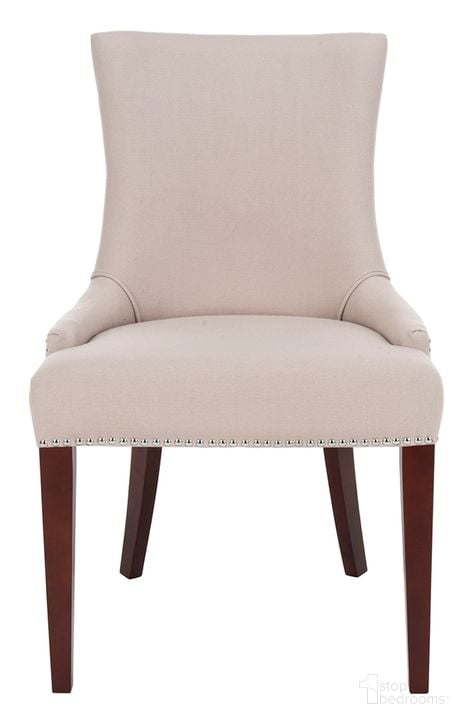 The appearance of Becca Taupe and Cherry Mahogany Linen Dining Chair with Silver Nailhead Detail designed by Safavieh in the country / farmhouse interior design. This taupe piece of furniture  was selected by 1StopBedrooms from Becca Collection to add a touch of cosiness and style into your home. Sku: MCR4502A. Product Type: Dining Chair. Material: Stainless Steel. Image1
