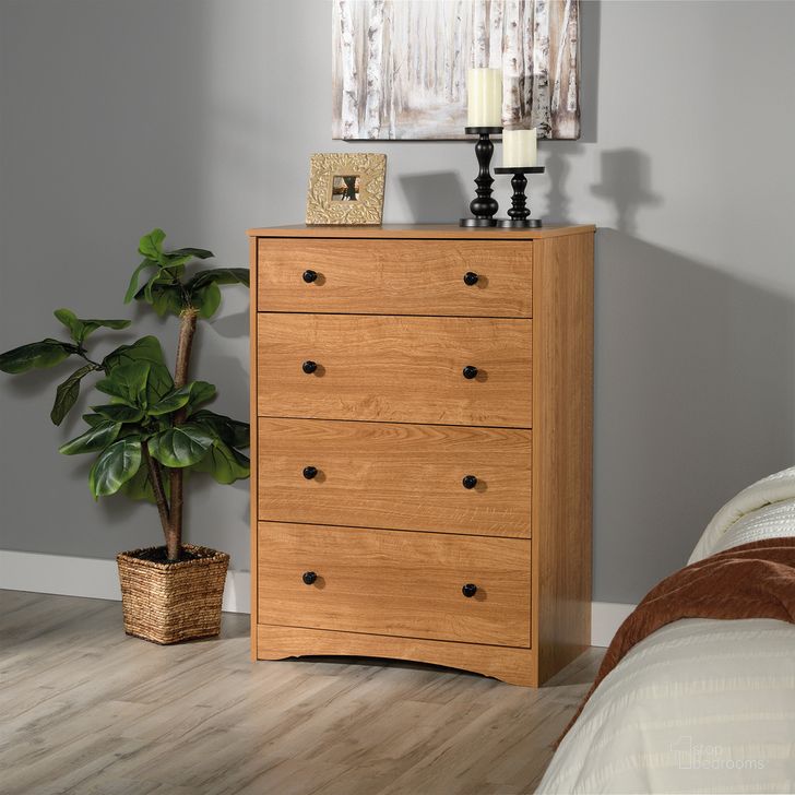 The appearance of Beginnings 4-Drawer Chest In Highland Oak designed by Sauder in the transitional interior design. This highland oak piece of furniture  was selected by 1StopBedrooms from Beginnings Collection to add a touch of cosiness and style into your home. Sku: 422805. Product Type: Chest. Material: Engineered Wood. Image1