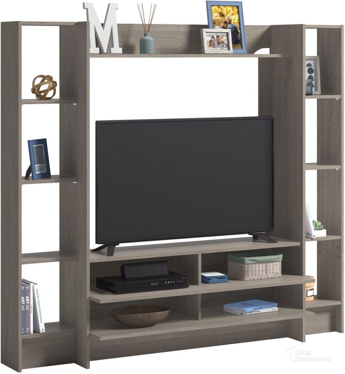 The appearance of Beginnings Entertainment Wall System In Silver Sycamore designed by Sauder in the transitional interior design. This silver sycamore piece of furniture  was selected by 1StopBedrooms from Beginnings Collection to add a touch of cosiness and style into your home. Sku: 428240. Product Type: Entertainment Wall. Material: Engineered Wood. Image1