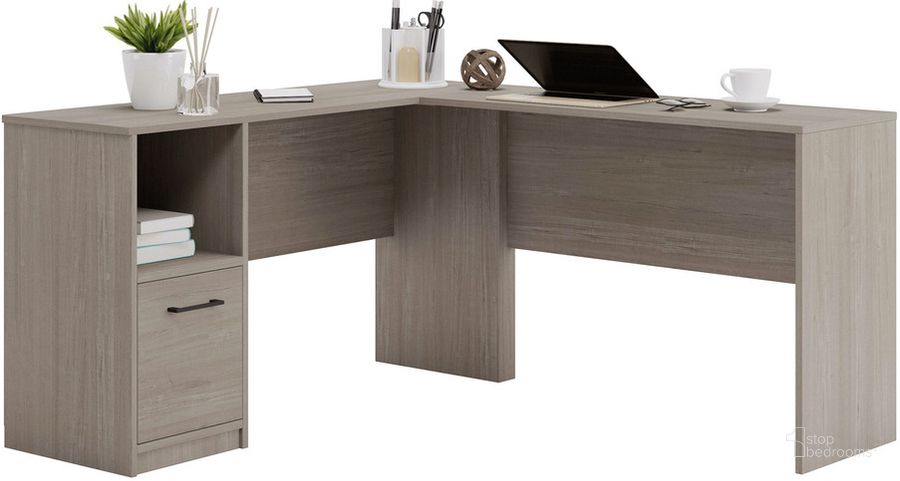 The appearance of Beginnings L-Shaped Desk In Silver Sycamore designed by Sauder in the transitional interior design. This silver sycamore piece of furniture  was selected by 1StopBedrooms from Beginnings Collection to add a touch of cosiness and style into your home. Sku: 428236. Product Type: Desk. Material: Engineered Wood. Image1