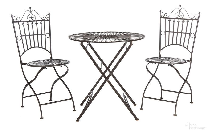 The appearance of Belen Bistro Set, One Table And Two Chairs PAT5020B designed by Safavieh in the rustic / southwestern interior design. This black piece of furniture  was selected by 1StopBedrooms from Belen Collection to add a touch of cosiness and style into your home. Sku: PAT5020B. Product Type: Bistro & Pub Set. Material: Iron. Image1
