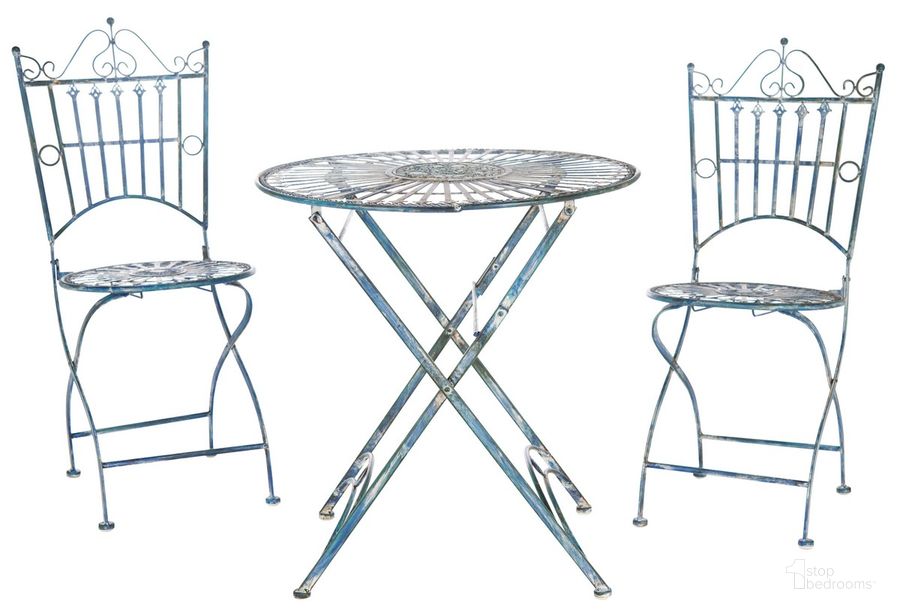 The appearance of Belen Bistro Set with One Table and Two Chairs in Antique Blue designed by Safavieh in the modern / contemporary interior design. This antique blue piece of furniture  was selected by 1StopBedrooms from Belen Collection to add a touch of cosiness and style into your home. Sku: PAT5020C. Material: Metal. Product Type: Outdoor Set. Image1