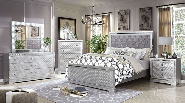 The appearance of Belleterre Silver Panel Bedroom Set designed by Furniture of America in the transitional interior design. This silver piece of furniture  was selected by 1StopBedrooms from Belleterre Collection to add a touch of cosiness and style into your home. Sku: CM7518Q-FB;CM7518Q-HB;CM7518Q-R;CM7518N. Material: Wood. Product Type: Bedroom Set. Bed Size: Queen. Image1