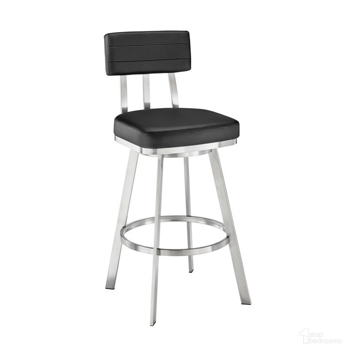 The appearance of Benjamin 26 Inch Swivel Counter Stool In Brushed Stainless Steel with Black Faux Leather designed by Armen Living in the modern / contemporary interior design. This black piece of furniture  was selected by 1StopBedrooms from Benjamin Collection to add a touch of cosiness and style into your home. Sku: LCBEBABSBLK26. Material: Faux Leather. Product Type: Barstool. Image1