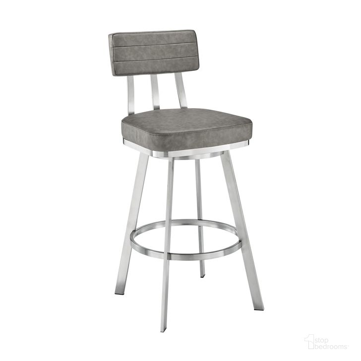 The appearance of Benjamin 30 Inch Swivel Bar Stool In Brushed Stainless Steel with Gray Faux Leather designed by Armen Living in the modern / contemporary interior design. This gray piece of furniture  was selected by 1StopBedrooms from Benjamin Collection to add a touch of cosiness and style into your home. Sku: LCBEBABSVGRY30. Material: Faux Leather. Product Type: Barstool. Image1