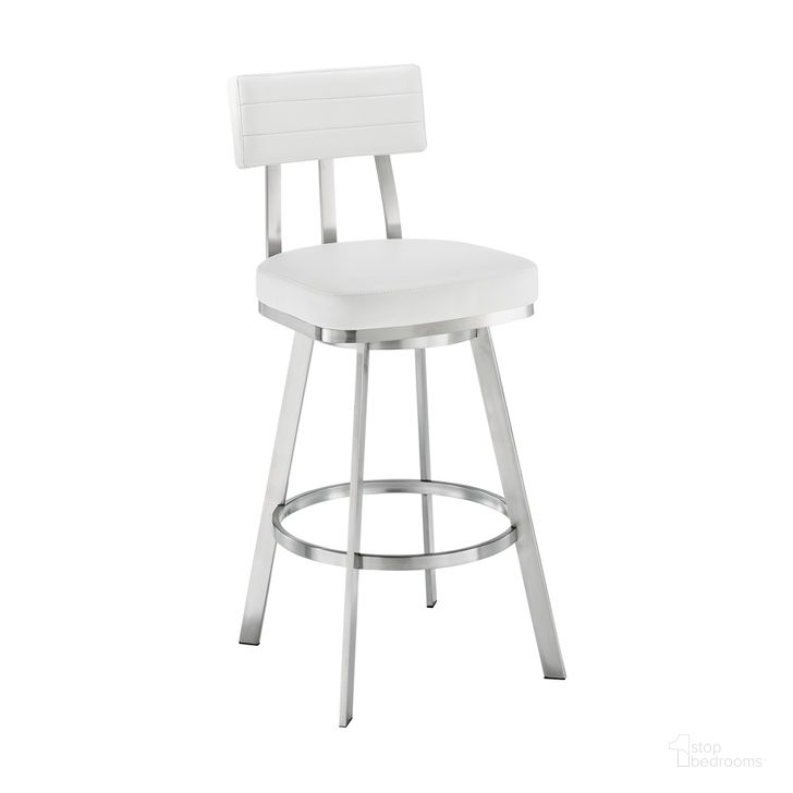 The appearance of Benjamin 30 Inch Swivel Bar Stool In Brushed Stainless Steel with White Faux Leather designed by Armen Living in the modern / contemporary interior design. This white piece of furniture  was selected by 1StopBedrooms from Benjamin Collection to add a touch of cosiness and style into your home. Sku: LCBEBABSWHI30. Material: Faux Leather. Product Type: Barstool. Image1