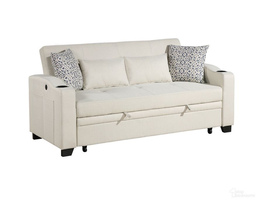 The appearance of Bennett Fabric Convertible Sleeper Loveseat with USB Charger and Cupholders In Beige designed by Lilola Home in the modern / contemporary interior design. This beige piece of furniture  was selected by 1StopBedrooms from Bennett Collection to add a touch of cosiness and style into your home. Sku: 81450. Material: Wood. Product Type: Sofa Sleeper. Image1