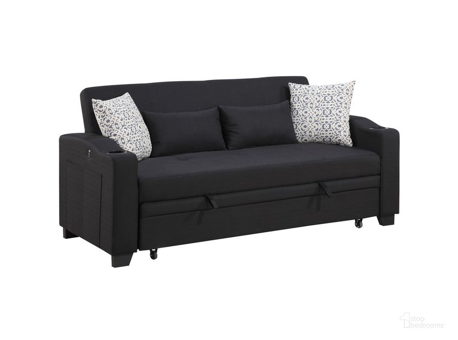 The appearance of Bennett Fabric Convertible Sleeper Loveseat with USB Charger and Cupholders In Black designed by Lilola Home in the modern / contemporary interior design. This black piece of furniture  was selected by 1StopBedrooms from Bennett Collection to add a touch of cosiness and style into your home. Sku: 81451. Material: Wood. Product Type: Sofa Sleeper. Image1