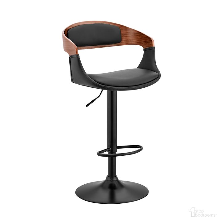 The appearance of Benson Adjustable Black Faux Leather and Walnut Wood Bar Stool with Black Base designed by Armen Living in the transitional interior design. This black piece of furniture  was selected by 1StopBedrooms from Benson Collection to add a touch of cosiness and style into your home. Sku: LCBNBAWABLBL. Product Type: Barstool. Material: Iron. Image1
