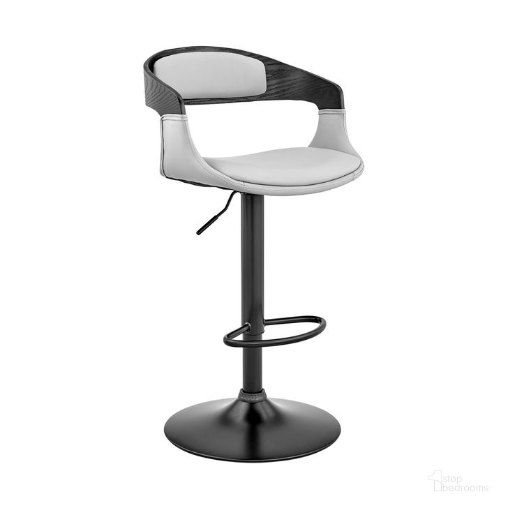 The appearance of Benson Adjustable Gray Faux Leather and Black Wood Bar Stool with Black Base designed by Armen Living in the transitional interior design. This black and gray piece of furniture  was selected by 1StopBedrooms from Benson Collection to add a touch of cosiness and style into your home. Sku: LCBNBABLBLGR. Product Type: Barstool. Material: Iron. Image1
