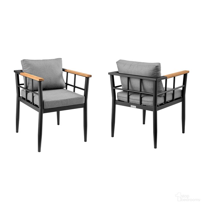 The appearance of Beowulf Outdoor Patio Dining Chair Set of 2 In Aluminum and Teak with Gray Cushions designed by Armen Living in the modern / contemporary interior design. This dark gray piece of furniture  was selected by 1StopBedrooms from Beowulf Collection to add a touch of cosiness and style into your home. Sku: 840254332881. Material: Aluminum. Product Type: Outdoor Dining Chair. Image1