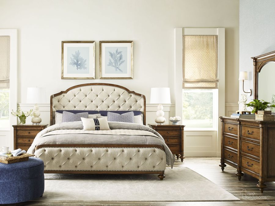 The appearance of Berkshire Warm Cognac Glendale Upholstered Shelter Bedroom Set designed by American Drew in the transitional interior design. This brown piece of furniture  was selected by 1StopBedrooms from Berkshire Collection to add a touch of cosiness and style into your home. Sku: 011-313R;011-420. Material: Wood. Product Type: Bedroom Set. Bed Size: Queen. Image1